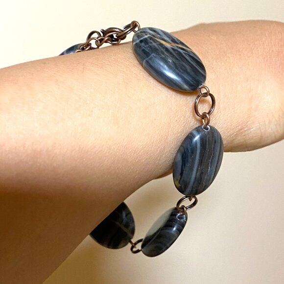 2/$20, Dark Banded Agate Boho Bracelet, Large Genuine Gemstone + Copper Links - Picture 10 of 12